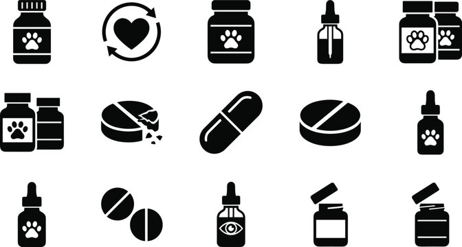 Pet medicine icons, veterinary supplement bottles, capsule silhouette set, paw print health symbols, animal care pharmacy, wellness droppers, pill design