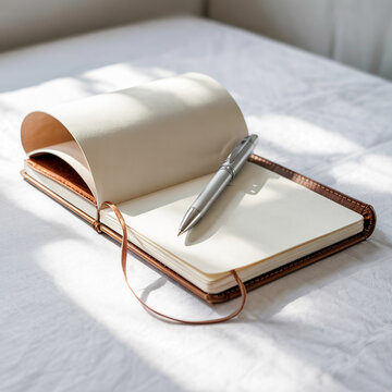 Open notebook with pen on white textured surface in bright sunlight