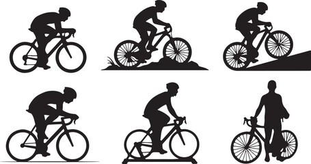 Obraz premium Detailed vector silhouettes of cyclists in various riding positions and terrain conditions.