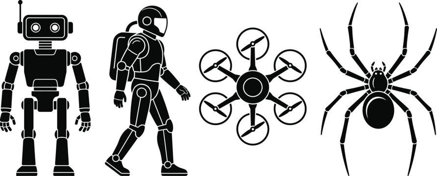 Robot silhouette illustration, astronaut exoskeleton icon, drone rotor design, spider insect vector, futuristic technology and biology black white graphic art