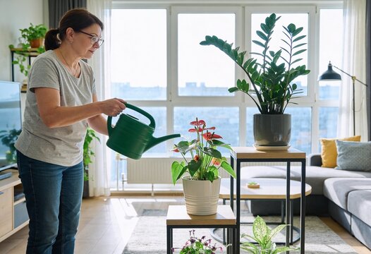 Mature woman watering indoor anthurium plant in bright living room, home gardening and plant care for wellness and relaxation in modern apartment