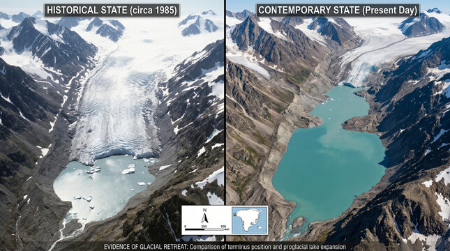 Glacier retreat comparison between 1985 and contemporary state  
