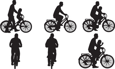 Obraz premium Silhouettes of fathers and children riding bicycles together in various poses, black vector art.