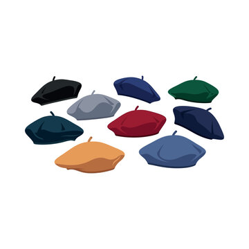 Collection of colorful berets on display.