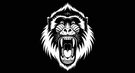 Aggressive mandrill monkey head illustration on black background © alpen