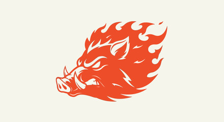 Angry wild boar head mascot with orange flame mane © alpen