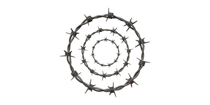 Concentric circles of barbed wire forming a spiral pattern on transparent background