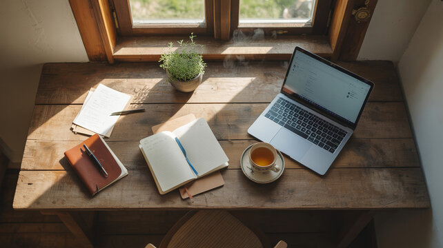 Cozy home office setup with laptop, notebooks, and tea by a window