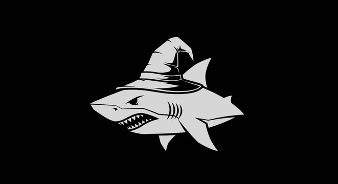 Angry shark wearing a witch hat on black background