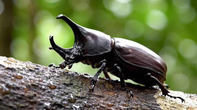 Macro shot of a rhinoceros beetle walking on a tree branch, exotic insect wildlife