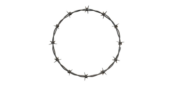 Circular barbed wire frame with sharp spikes isolated on transparent background