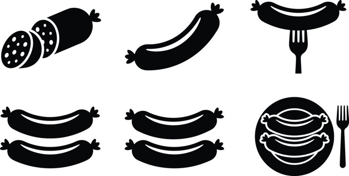 Sliced sausage silhouette, curved sausage icon, sausage on fork, two sausages vector, stacked sausages, sausage plate, food symbol, meat design