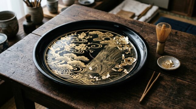 Exquisite Japanese Lacquerware Tray with Intricate Gold Detailing.