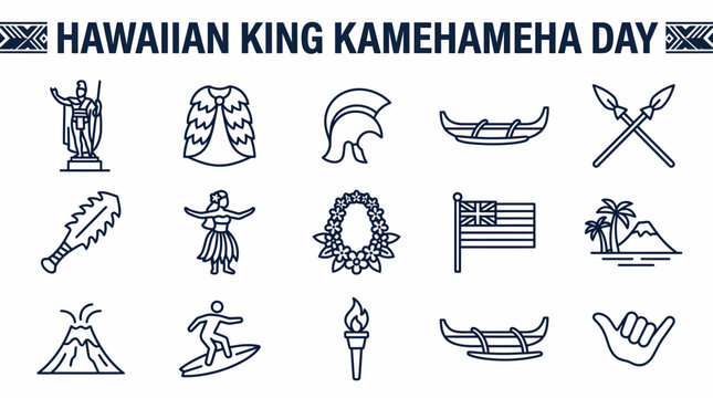 Hawaiian King Kamehameha Day Icons and Symbols Collection