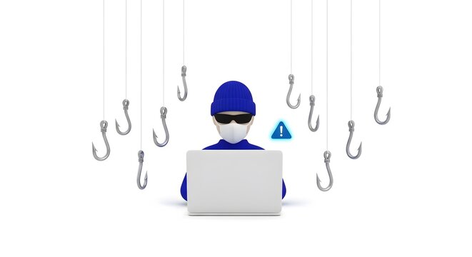 Conceptual 3D scene of a cyber criminal using a computer amidst silver fish hooks. Ideal for cybersecurity training, data breach awareness, financial fraud prevention, and web safety themes.