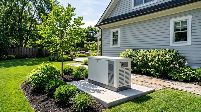 White and grey residential standby power generator installed on a concrete pad in a neatly landscaped backyard during a bright sunny day.