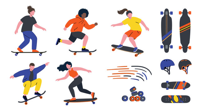 Diverse group of people skateboarding and longboarding enjoying outdoor recreational activity lifestyle