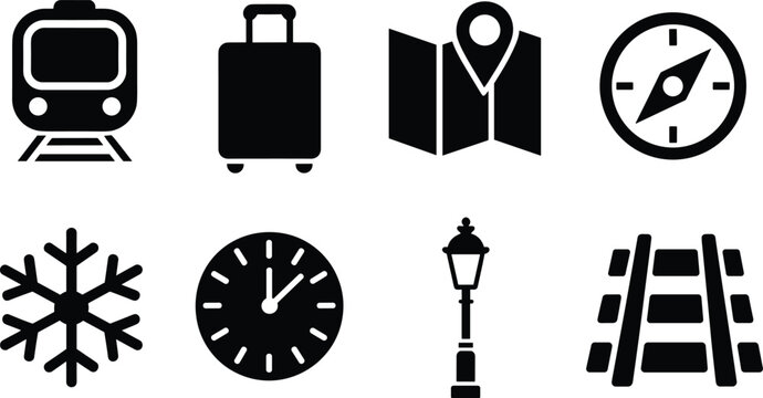 Travel icons vector set, train front view, suitcase luggage symbol, folded map navigation, compass orientation, snowflake winter, clock time, street lamp, railway track