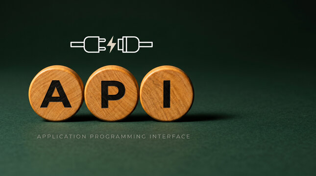 Three natural wood discs spelling API with a plug-and-socket connection icon above on a dark code-green background for developer concepts.