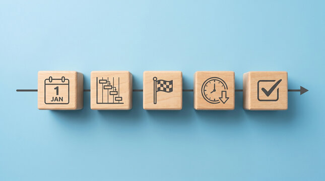 Wooden cubes with Gantt chart, milestone, and deadline icons arranged in a timeline row on a clean powder-blue background for project management.