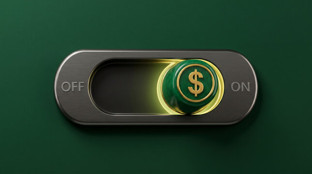 A 3D-rendered toggle switch in ON position with a glowing dollar currency icon on a rich emerald-green surface, representing revenue activation.