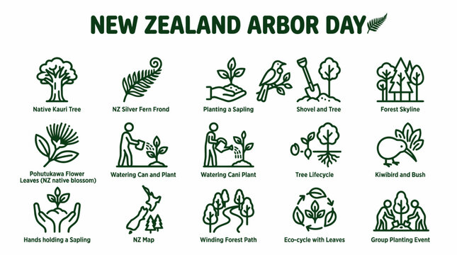 New Zealand Arbor Day Icons: Planting, Trees, Nature, Kiwi Bird