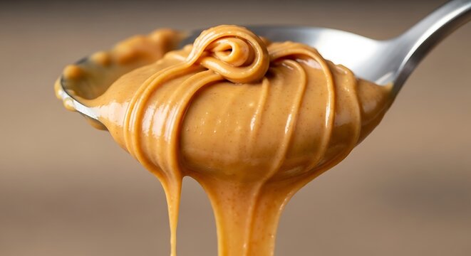 A close up view of a silver spoon holding a generous scoop of creamy peanut butter dripping slowly. burro arachidi