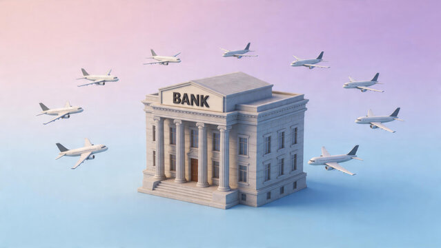 Circle of airplanes around bank building finance aviation global economy system with transport logistics investment growth and international money flow concept