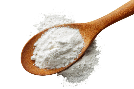 Wooden spoon filled with white sugar powder isolated on transparent background. White flour or sugar powder on wooden spoon baking isolated on white background.