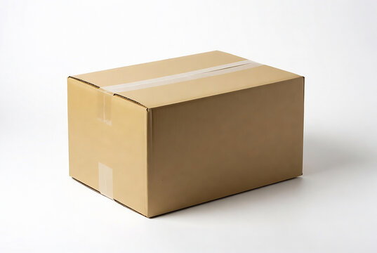 A cardboard box is on a white surface. It appears to be awaiting shipment or storage.