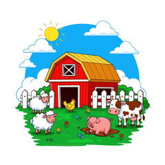 Farm Animals, Barn, and Sunny Day - Cartoon Style © oka