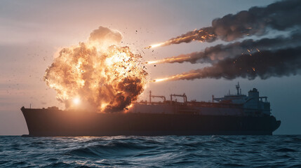 Obraz premium Military missiles strike LNG tanker in explosive nighttime encounter