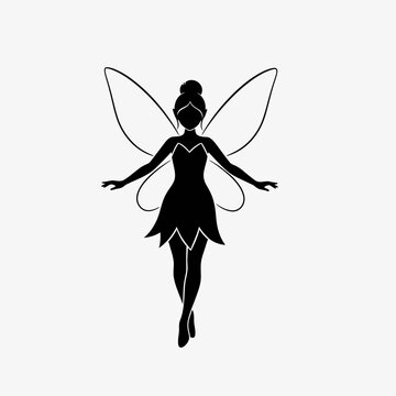 Silhouette of a fairy with wings, magical creature, fantasy, graceful, elegant, black and white