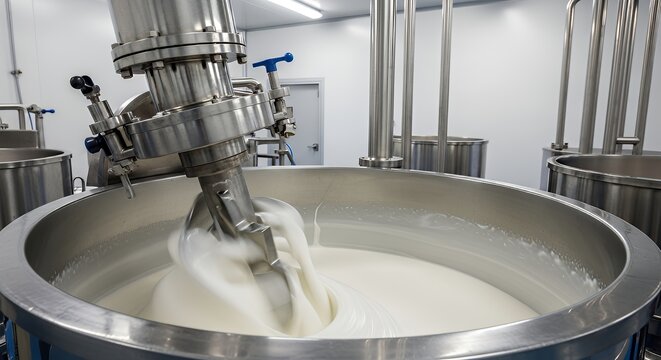 Industrial dairy processing plant with stainless steel equipment