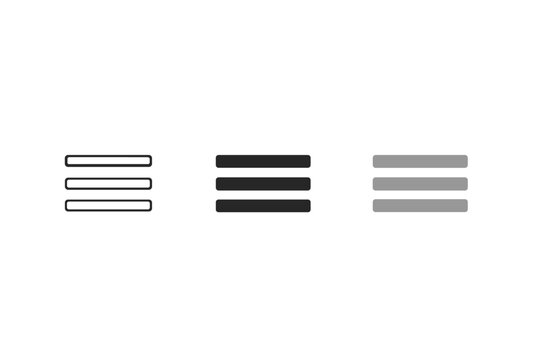Minimalist menu icon set showing three horizontal bars in outline, solid black, and gray variations, representing navigation and interface controls