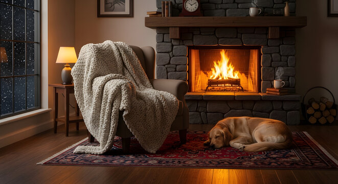 Cozy living room with warm fireplace and sleeping dog on rug. Concept of comfort, relaxation, or home warmth. Ideal for themes related to home decor or cozy living.