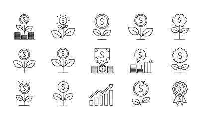 Fototapeta premium Money tree line icon set vector finance growth investment outline