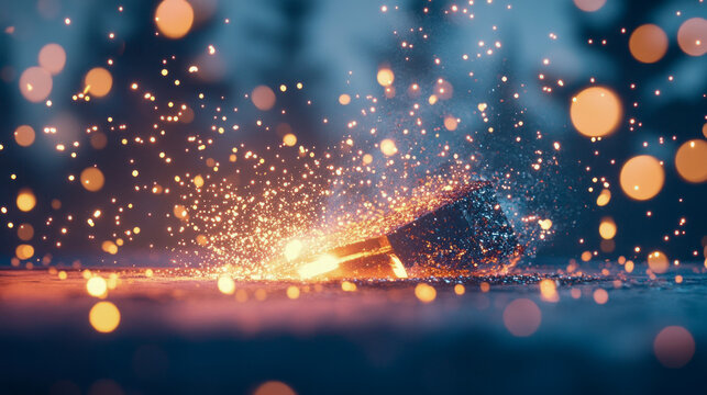 Dramatic Close-Up of Dark, Jagged Object Emitting Brilliant Orange Sparks and Glowing Particles Against Blurry, Deep Blue Background with Soft Bokeh Lights