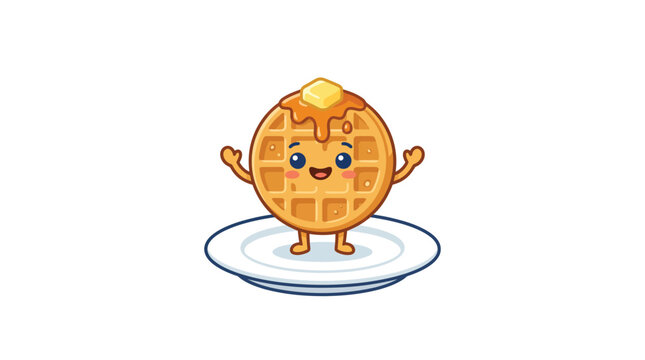 Cute Waffle Character Mascot Vector with Syrup and Butter on Plate Hap