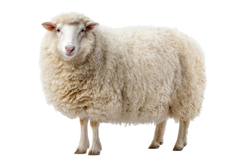 Fototapeta premium Fluffy white sheep standing facing forward isolated on transparent background. Adult white domestic sheep with thick wool, full body isolated on white background.