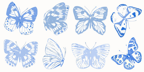 A collection of delicate blue butterflies in a sketched artistic style © Sanjoy