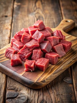 High-quality raw beef chunks sliced into small cubes on a wooden cutting board