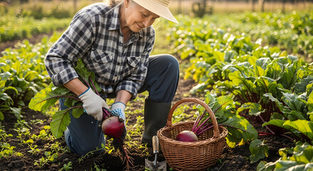 Fototapeta premium Senior woman harvesting beetroots in garden. She kneels down beside rows of vegetables while filling her basket, showcasing concepts of sustainable agriculture, gardening, and healthy living.