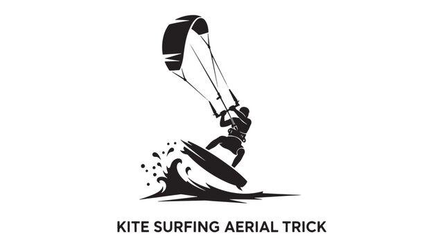 Kite Surfing Aerial Trick Logo Design; Dynamic Extreme Sports Illustration Featuring Kite surfer Jumping and Water Splash for Adventure, Beach, and Water Sports Branding