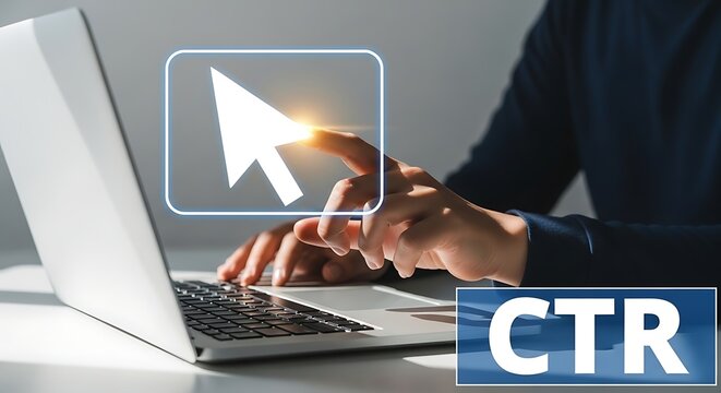 Person interacting with laptop and clicking on cursor icon for ctr optimization