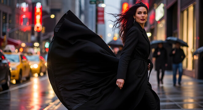 Woman with flowing black coat walking in city street during rain. Concept of urban fashion, confidence, or modern lifestyle. Useful for advertising fashion or city life themes.
