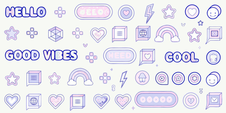 Colorful doodle stickers featuring text and whimsical playful illustrations