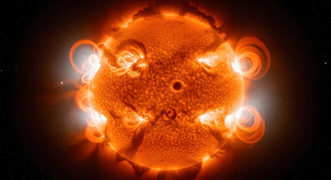 Solar surface showcasing dynamic solar flares and coronal mass ejections. Concept of astronomical phenomena, solar energy, or space exploration. Useful for articles on astrophysics and solar studies.