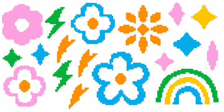 Colorful pixel art depicting flowers rainbows and lightning bolts