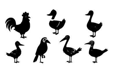 Cute Cartoon Bird Sticker Set Vector Rooster Duck Goose Parrot Stork Seagull Illustration © Tarikul
